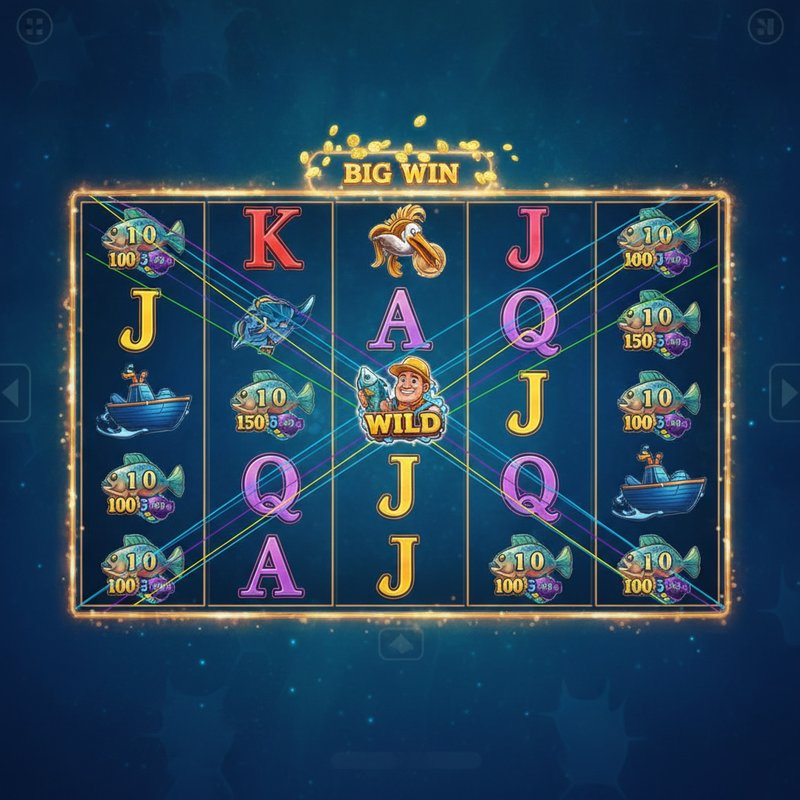 Fishin Frenzy gameplay showing coloured paylines across the five by three reel grid