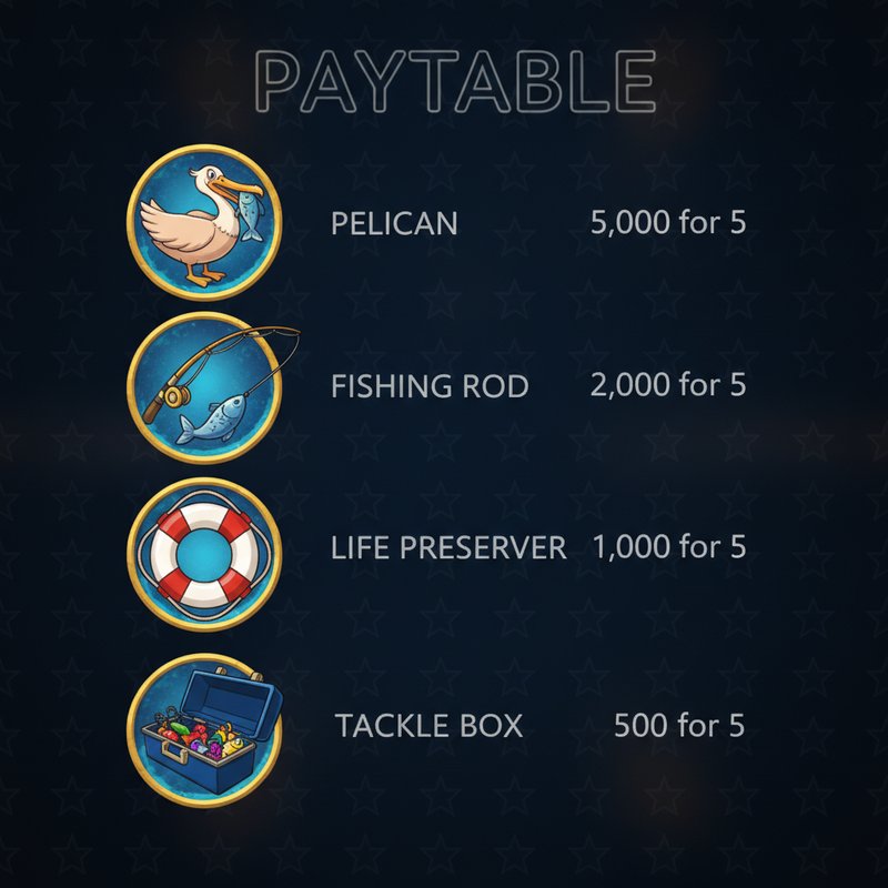 Fishin Frenzy paytable showing pelican, fishing rod, life preserver and tackle box symbol payouts